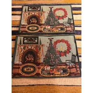 Vintage Style Christmas Tapestry Placemats Set of 2 Holiday Fireplace Tree Green